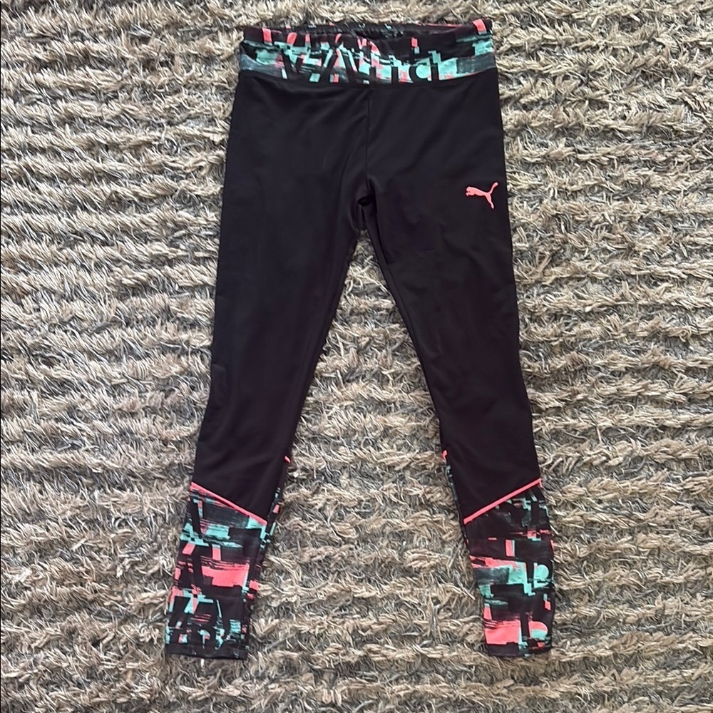 Puma Black and Pink Leggings with Geometric Cuff, Kids L, Women’s S/XS